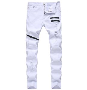 straight hole destruction trousers distressed jeans men denim trousers men jeans fashion designer brand white jean male X0621