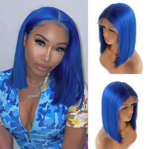 Färgad Blå Straight Bob Wig Short 13x4 Lace Front Human Hair Wigs Middle Part Brazilian Virgin