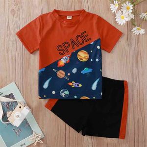 Letnie dzieci Zestawy Krótki Rękaw Patchwork List Cartoon Space Koszulka Czarne Szorty Cute Girls Chłopcy Zestaw Ubrania 9m-6T 210629