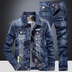 Men's Tracksuits Fashion Slim Sets Spring Autumn Dark Blue Denim Cotton Long Sleeve Jacket + Ripped Hole Jeans Couple Two Piece Set