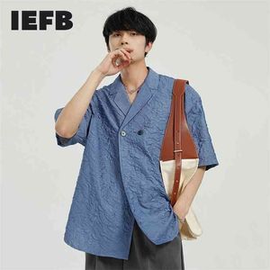 IEFB мужская одежда летняя мода с коротким рукавом негабаритные рубашки корейский тренд персонализированный дизайн свободных сплошных цветов вершины 210809