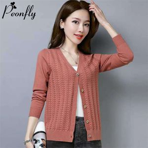 Peonfly Plus Size Women's Cardigan Sweaters Kvinna Blå Vit V Hals Enstaka Breasted Woman Stickad 210914