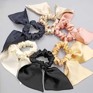 Shipping Fashion Women Sweet Ribbon Bow Solid Färg Pure Silk Hair Scrunchies Söt GUM OL Basic Hair Tie Ponytailhållare