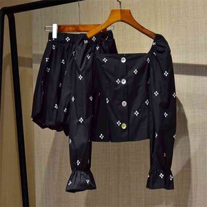 Coreano Casual Dois Peça Set Mulheres Crop Top Single-Breasted Short Shirt Blouse + Cintura Elástica Curtas Conjuntos Sweet Calças 2 Pcs Ternos 210514