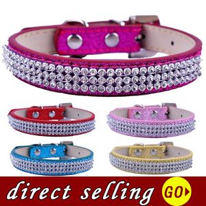10pcs/lot Rhinestone Pet Puppy Dog Collar Bling Luxury Diamante Glitter Leather Small Neck Strap Teddy Red Pink Gold Collars & Leashes
