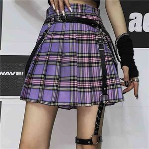 GOTH GIRL Harajuku Streetwear Gonna Donna Punk Fahsion Vita alta A-line pieghettata viola plaid Femme Non includere cintura 210621