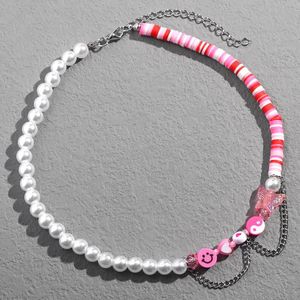 Chokers Pink Butterfly Yin Yang Asymmetry Pearl Beaded Necklace For Women Handmade Clay Bead Choker Layered Harajuku Jewelry