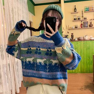 Ezgaga Christmas Sweater Women Vintage Japanese Preppy Style Autumn New Elk Print Loose Ladiy Knit Pullover Outwear Warm Fashion 210430