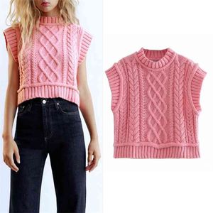 Pembe Kablo Örme Kazak Yelek Kadınlar Vintage Yüksek Boyun Kolsuz Kırpılmış Kadın Moda Sevimli S Tops 210519