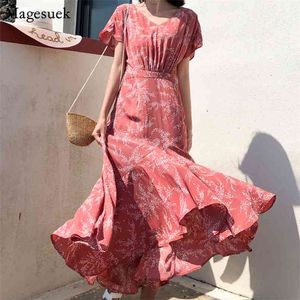 Sommarklänning Kvinnor Kortärmad Sexig Elegant Chiffon Blommigt Oregelbundet Trumpet V-Neck Long Es Vestidos 10178 210512