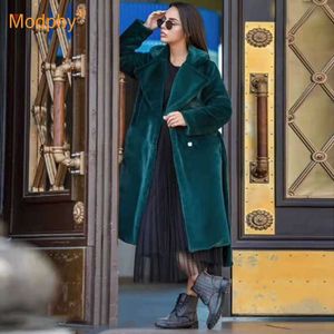 Winter Women High Quality Faux Fur Outwear Coat Luxury Long lace-up Loose Lapel Over Thick Warm Female Plush s 210527