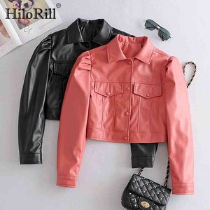 High Street PU Faux Leather Cropped Moto Bike Jacket Kobiety Puff Długi Rękaw Kieszenie Płaszcz Skręć Kołnierz Krótkie kurtki 210508