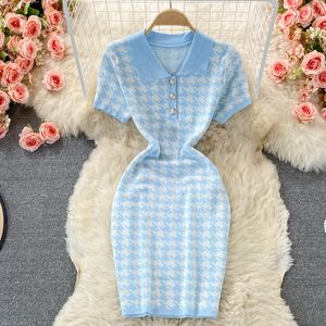 Autumn new design women's turn down collar houndstooth plaid gird short sleeve knitted bodycon tunic short pencil dress