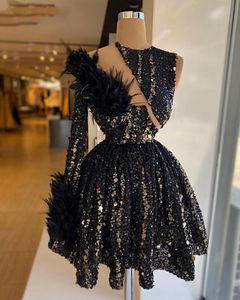 Sparkly Feather Cocktail Dresses 2021 Single Long Sleeve Luxury Beaded Black Sequined African Women Party Gowns Formal Evening Dress