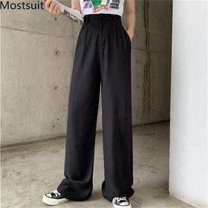 Lato Cienka Wysoka Talia Szerokie Spodnie Noga Spodnie Kobiety Zipper Fly Solid Casual Moda Koreański Pełna długość Capris Femme 210513