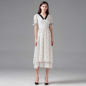 Kvinnor högkvalitativ mode polka dot lång klänning sommar spets trim patchwork sexig fest elegant midi vintage vestidos 210529