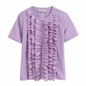 Frauen Chic Mode Lila Rüschen Solide Blusen Vintage O Hals Kurzarm Shirts Casual Mädchen Chic Tops 210520