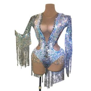 Sparkling Silver Sequin Tassel Party Bodysuit Kvinnor Stretch Dance Fringes Jumpsuit Club Bar Singer Leotard Stage Wear 210622