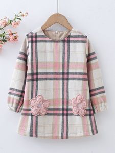 Toddler Girls Plaid Drukuj Floral Haft Wełniana Sukienka Ona