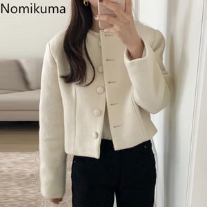 Nomikuma Kvinnor Tjockad Woolen Coat Causal O-Neck Långärmad Jacka Höst Vinter Nya Koreanska Femme Short Jackor 6d278 210427