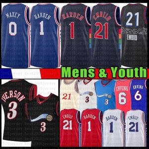 Tyrese Maxey Joel Emiid James Harden Basketball Jersey 0 21 1 Allen Iverson Julius Erving Vintage 3 6 SHIRTS NCAA MESH Retro Black Jerseys