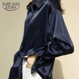Outono Botão de moda Up Satin Silk Shirt Blusa Do Vintage Mulheres Branco E Azul Senhora Senhora Manga Longa Feminino Lote Street Shirts 11355 210528