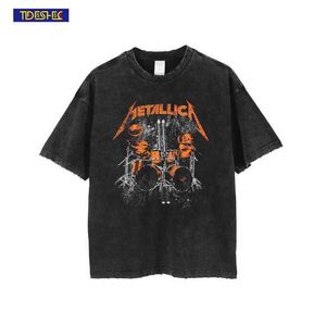 2022 Spring Summer Washed Hole Band T-shirt Drum Set T-shirt Men and Women T-shirt Fashion Streetwear Hip Hop Top Tee G1217