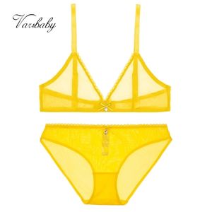 Varsbaby French Lemon Yellow Sexy deep V Transparent Lingerie Wire Free Soft Mesh Bra Set For Women 211104