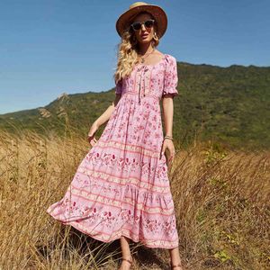 Jastie Floral Print Vintage Women Dress Lace Up Neck Kortärmad Maxi Sommar Klänningar Ny Boho Beach Lång Kvinna Vestidos 210419