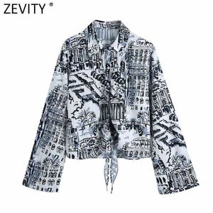 Zevity Donna Vintage dipinta a mano con stampa di immagini Camicia casual Orlo femminile Bowknot Kimono Camicetta Roupas Chic Chemise Top LS9067 210603