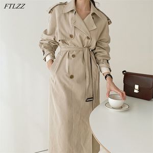 봄 가을 여성 더블 브레스트 옷깃 코트 벨트 캐주얼 긴 트렌치 재킷 사무실 레이디 210430