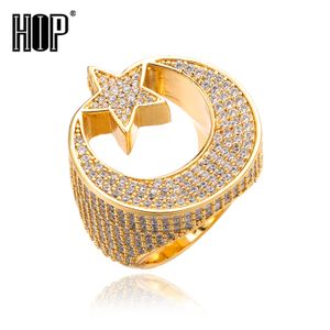 Hip Hop Popularne CZ Stones Gwiazdy i Księżyc Pierścienie Torady Bling Iced Out Copper Cyrkon Pierścień Dla Mężczyzn Kobiety Biżuteria