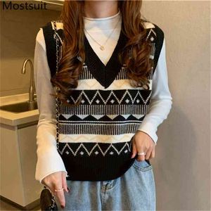 V-образным вырезом полосатый вязаный свитер жилет женские без рукавов корейские винтажные моды свободные вершины вскользь женские пуловер 210513