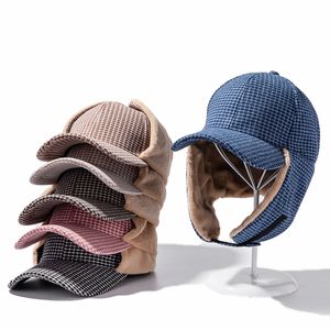 Vinter varm rysk hatt vintage plaid earflap cap män kvinnor mjuk fleece päls bombar kepsar manlig kvinnlig trapper keps