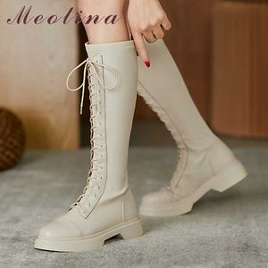 Meotina Genuine Leather Med Heel Knee High Boots Woman Boots Zip Platform Block Heel Long Boots Lace Up Female Shoes Beige Black 210608
