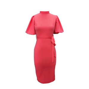 Różowa sukienka Kobiety Krótki Rękaw Lantern Bodycon Midi Długość Office Lady Nosić Slim Fit Plus Size Sukienki S-XXL z pasem pasa spada 210527