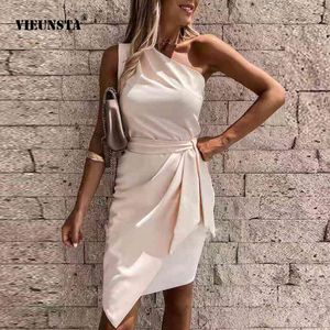 VIEUNSTA New Summer Dress Elegant Women Irregular Off Shoulder Party Dresses 2021 Lady Abito senza maniche con spalle inclinate X0521