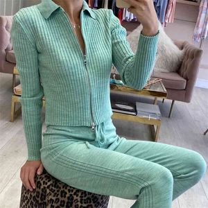 Höst Vinter Kvinnors Fashion Girly Sense Solid Långärmad Zipper Sweater Suit Två Piece Set Women Conjuntos de Mujer 210517