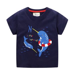 Metri da salto Estate Ragazzi Tees Tops Cotone Animali Applique Disegni di moda Abbigliamento per bambini Ragazze T-shirt Bambini 210529