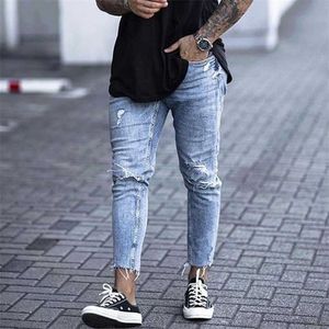 Casual Skinny Jeans Ankel Längd Ripped Denim Pant Zipper Fly Män Kläder Klipp Botten Penna Ljus Blå Cowboys Streetwear 211111