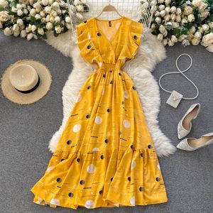 Moda Wiosna Lato Damska Dówna sukienka Wzburzyć Latający Rękaw Print V Neck Długi Długość Narysuj 210520