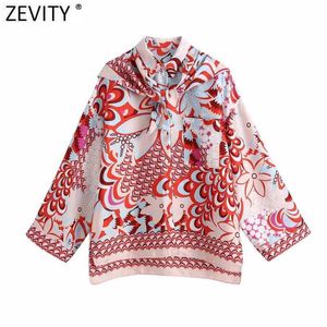Zevity Frauen Vintage Totem Blumendruck Beiläufige Lose Hemden Weibliche Langarm Kimono Bluse Roupas Chic Blusas Tops LS9319 210603