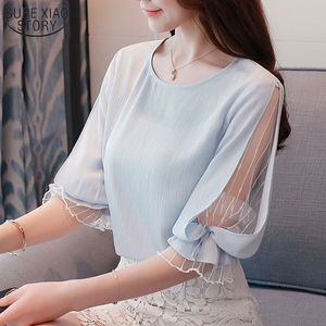 ファッションシフォン婦人服サマーハーフスリーブライトブルーレディースシャツブラウス甘いOネックトップスBlusas D740 30 210508