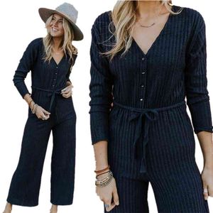 LOSSKY V-neck Office Lady Romper Casual Knitted Long Sleeve Autumn Winter Jumpsuit Lace Up Sashes Buttons Overall Wide Leg Pants 210507