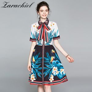 Fashion Bow-neck Floral Printed Female Shirt Vintage Short Sleeve Striped Single-Breasted Women A-Line Dress Vestidos 210416