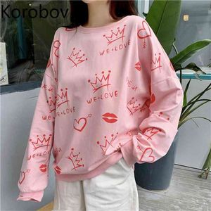 Korobov Koreański O Neck Słodkie Kobiety Bluzy Jesień Zima Nowe Bluzy Druku Streetwear Vintage Znosić Swetry 210430