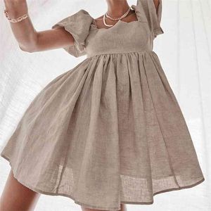 MUICHES Sweet Puff Sleeve Linen Mini Dress Woman Square Collar Solid High Waist A-Line Summer 210623