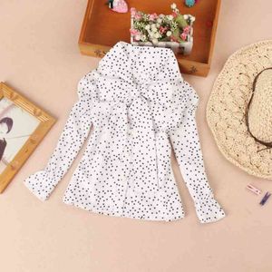 Nuova camicetta di chiffon di autunno per le ragazze Top a maniche lunghe Abbigliamento per bambini coreani School Girl White Dot Shirts Bow Patten Clothes 210331