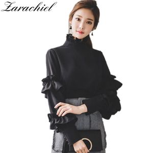 Frühling Herbst Frauen Schwarz Tops und Hemd Mode Lange Rüschen Kragen Schmetterling Hülse Bluse Büro Dame Blusa 210416