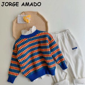 Toddler Boy Tröjor Baby Färgrik Stripe Round Collar Girl Sweater Kids Coat Winter Clothes E6605 210610